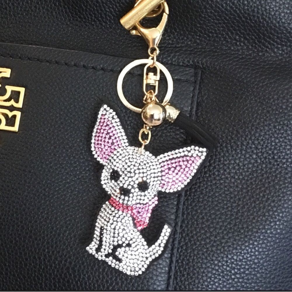 CHIHUAHUA KEYCHAIN SILVER AND PINK RHINESTONES DOG LOVERS